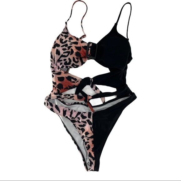 Other - Cheetah Print Black Cut Out One Piece Swimsuit